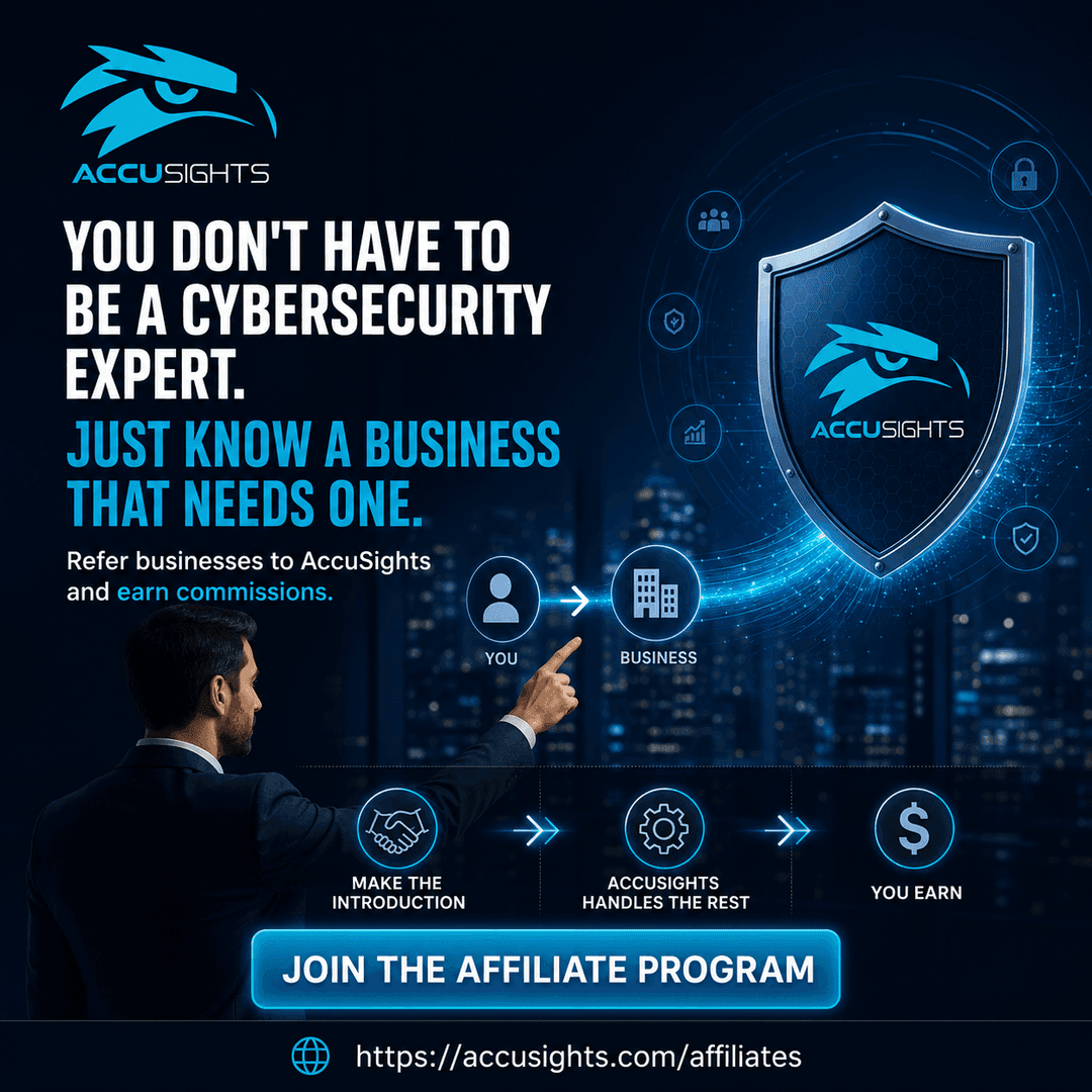 You do not have to be a cybersecurity expert, just know a business that needs one. AccuSights Affiliate Program.
